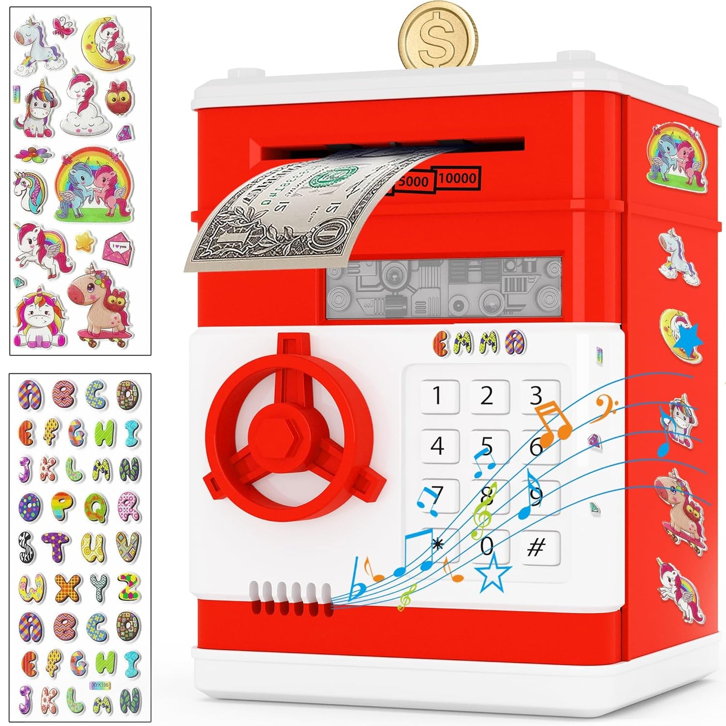 JUNEU Unicorn Piggy Bank for Kids, Gifts for 5 6 7 8 9 10 Year Old Girls, Kids Electronic Piggy Bank, Girls Birthday Gifts, Educational Toys for Girl Boys, Kid Money Saving Box, Mini ATM Coin Bank