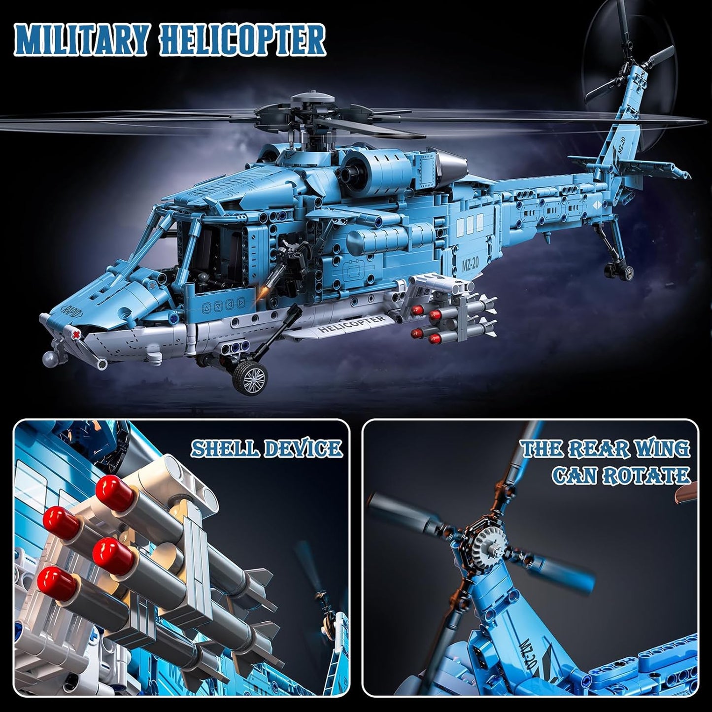 Powered Military Helicopter Building Blocks Set – 1521PCS Army Aircraft Bricks Model with Motor-Driven Rotors, Power Module & Mechanical Gear System – STEM Engineering Toy for Boys, Teens & Adults