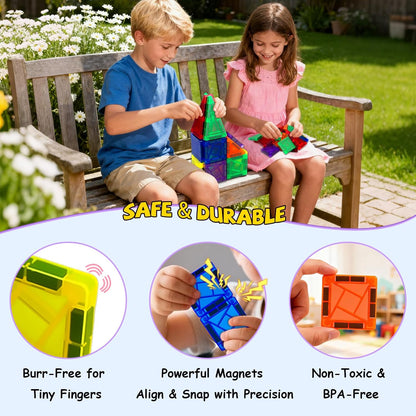 Mini Magnetic Tiles,42PCS Magnetic Building Blocks with Metal Storage Box,STEM Toys for Kids Ages 3+,Sensory Toys for Kids with Autism