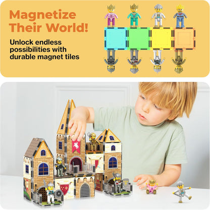 PicassoTiles 60pc Magnetic Tile Princess Castle Building Set with Double Sided Printed Tiles 2 Character Figures STEM Educational Toy Kit for Kids Pretend Play Montessori Learning Ages 3 to 8 PTQ04