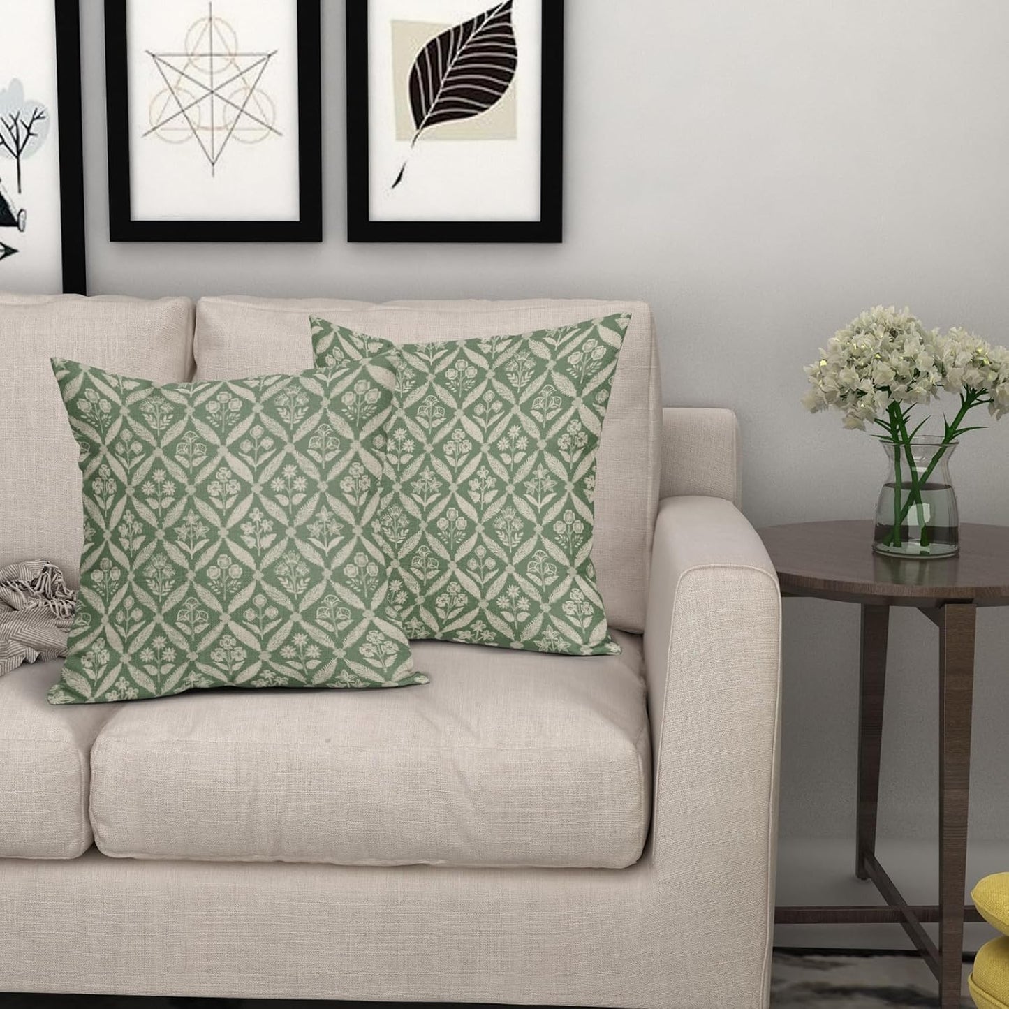 Blue Green Floral Block Print Pillow Covers 12X20 Set of 2, Flower Pattern Spring Summer Print Decorative Throw Pillow Covers Outdoor Farmhouse Seasonal Cushion Case Couch Sofa Bed Decor