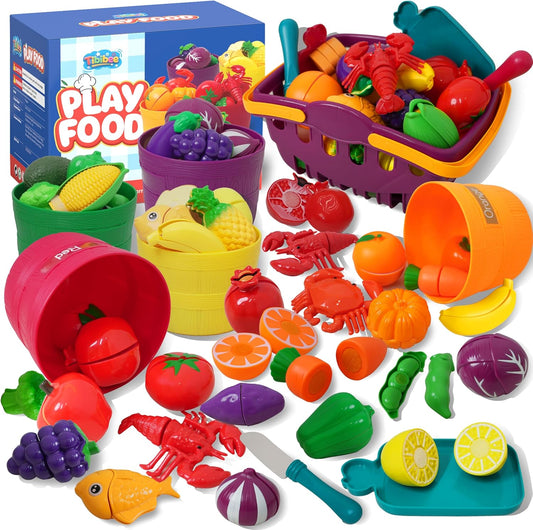 Play Food Set for Kids, Cutting Food Toy for Kids, Learning Toy Color Sorting Set for Toddler, Pretend Play Kitchen Accessories for Toddler, Great Gifts for 3-8 Years Old Boys & Girls