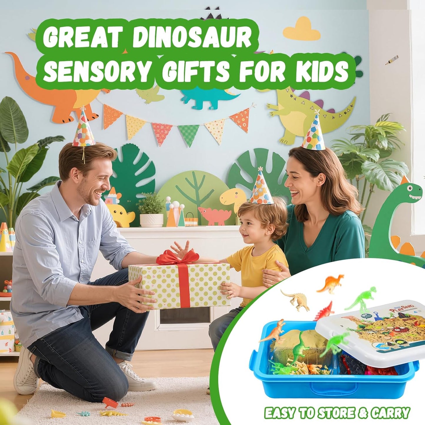 Dinosaur Sensory Bin with Lid, 2.64lbs Magic Sand, Dino Figures, Skeletons & Archaeology Tools, Sensory Sand Kit Dinosaur Toys for Kids 3 4 5 6 7+ Year Old Boy Toddler Birthday Gift Christmas