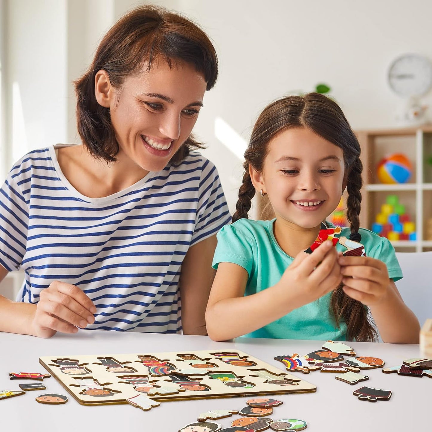 Kathfly Wooden Multicultural Doll Puzzles for Kids Interchangeable Dress Up Diversity Wood Peg Puzzles for Preschool World