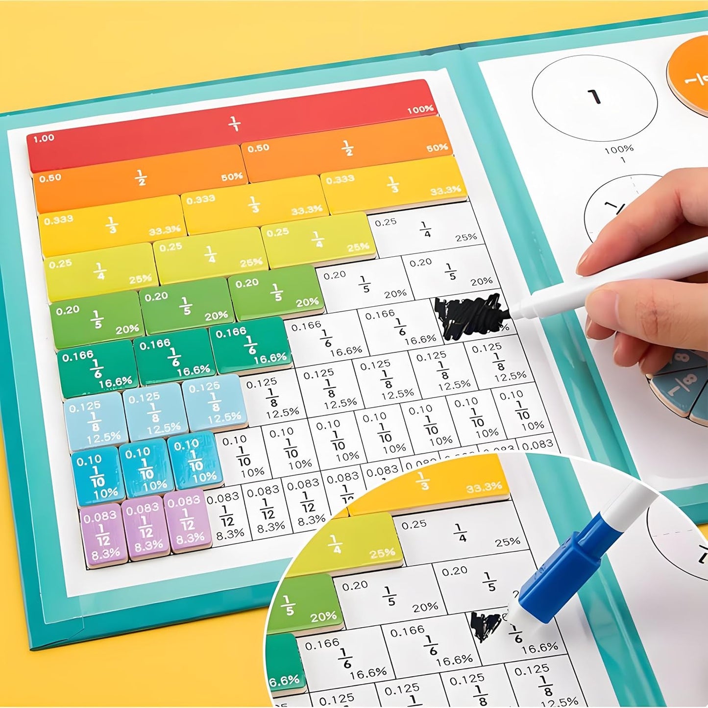 Magnetic Fraction Demonstration Book, Fractions Manipulatives with Fraction Tiles & Magnets,STEM Math Magnetic Fraction Disc Set-102 Pcs