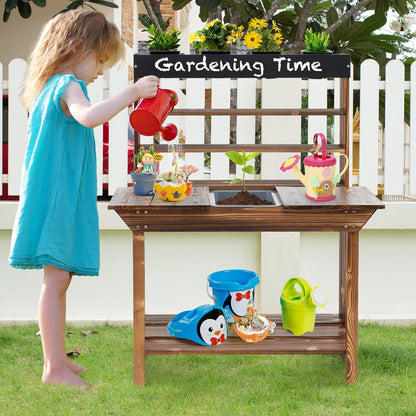 KOTEK Mud Kitchen with Canopy, Outdoor Play Kitchen with Removable Sink, Chalkboard, 4 Stoves, Cooking Accessories & Storage Cabinet, Wooden Toy Kitchen Playset for Kids Age 3+