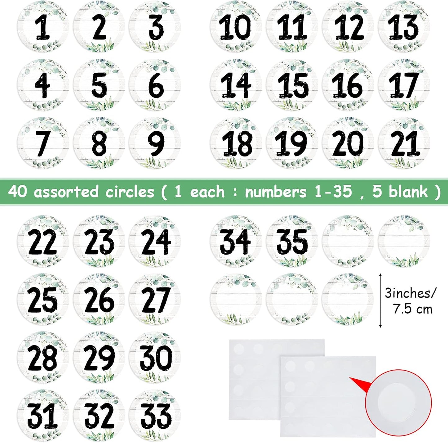 Chinco 40 Pieces Eucalyptus Laminated Numbers Cutouts for Classroom Decor - Farmhouse Circle Wood Grain Bulletin Board Accents with 40 Adhesive Glue Point Dots
