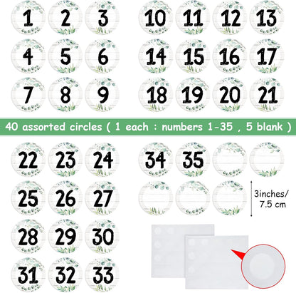 Chinco 40 Pieces Eucalyptus Laminated Numbers Cutouts for Classroom Decor - Farmhouse Circle Wood Grain Bulletin Board Accents with 40 Adhesive Glue Point Dots