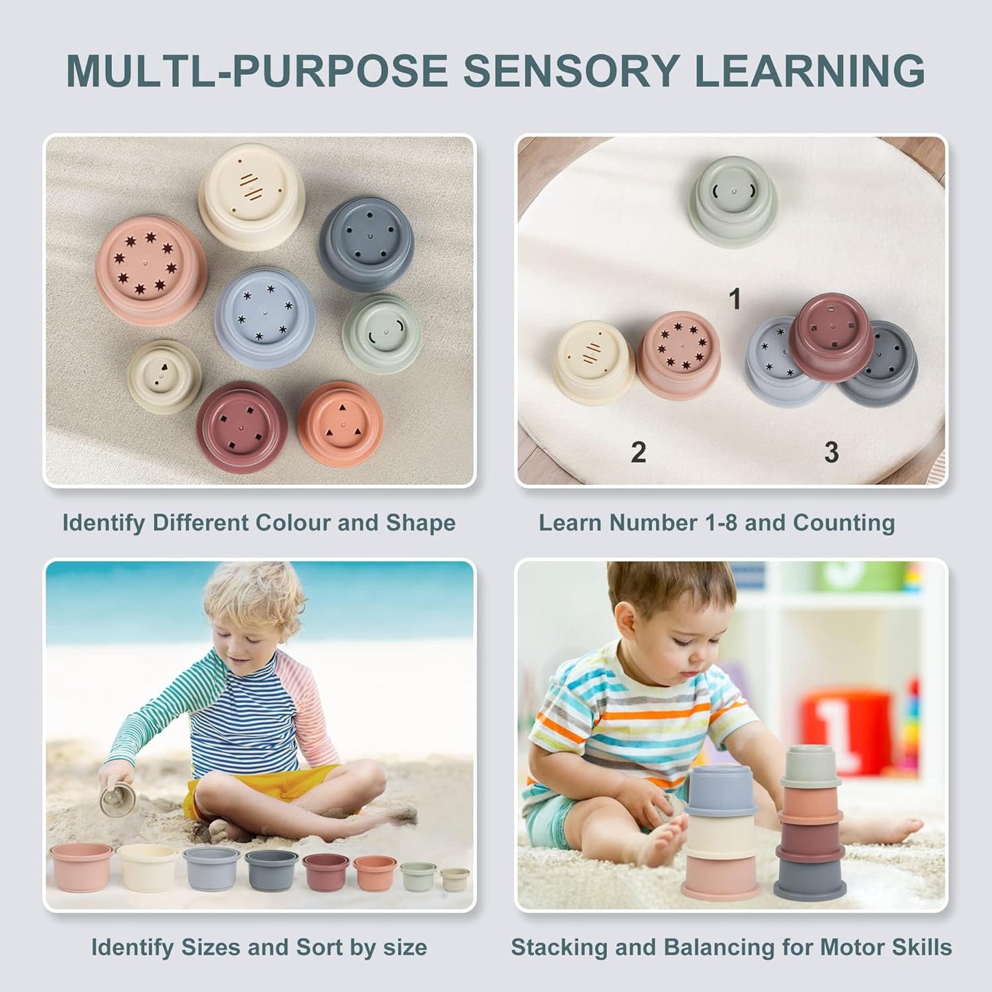 Baby Stacking Cups, Montessori Bath Toy for Toddlers 1-3, 8PCS Stackable Cups with Number Nesting Cups for Babies 6-12 Months, Early Educational Bath Outdoor Sensory Gift for 2-4 Years Old Boys Girls