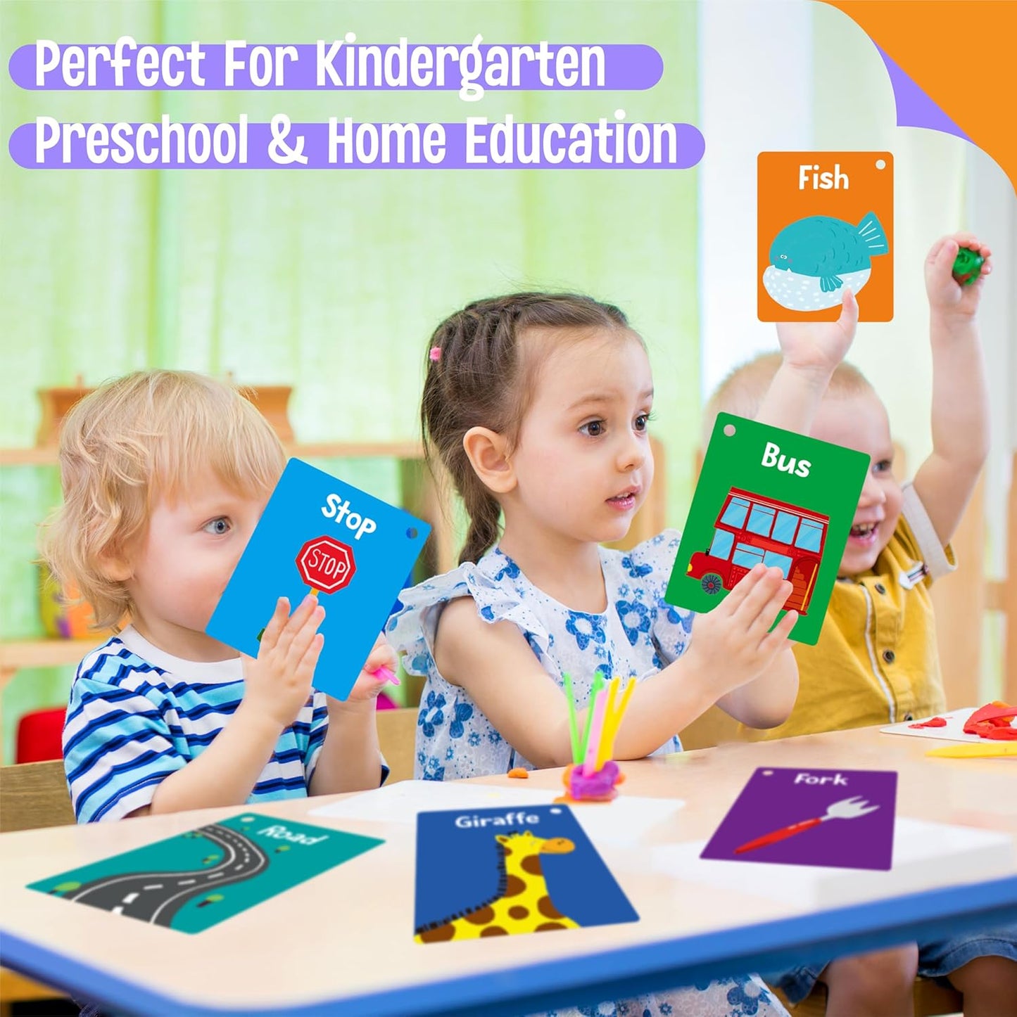 50 PCS Kid First Cognitive Flashcards,Double Sided Printed 7 in 1 Colorful Cards Alphabet,Numbers, Foods,Animals,Shapes,Colors with 3 Reclosable Rings,Learning Tool for Pre-K Kindergarten Toddlers
