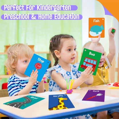 50 PCS Kid First Cognitive Flashcards,Double Sided Printed 7 in 1 Colorful Cards Alphabet,Numbers, Foods,Animals,Shapes,Colors with 3 Reclosable Rings,Learning Tool for Pre-K Kindergarten Toddlers