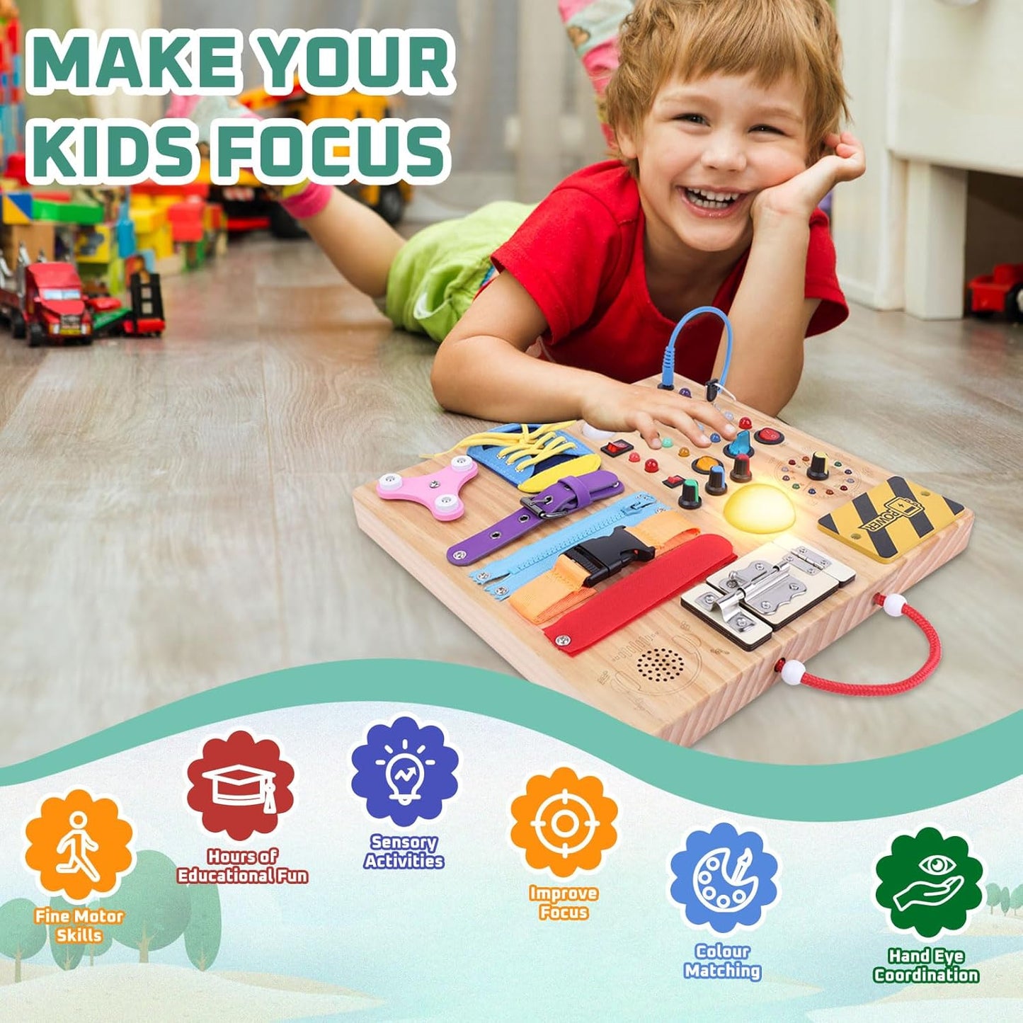 Hoarosall Montessori Wooden Busy Board with 8 LED Light switches, Sensory Toys Light Switch Travel Toys for 1+ Year Old Baby and Toddler