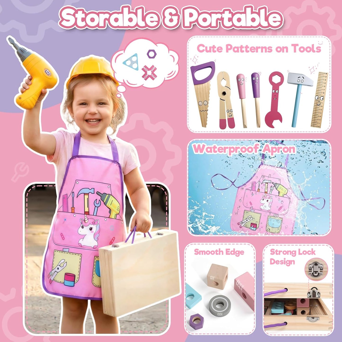 TONZE Wooden Kids Tool Set with Drill 44Pcs Montessori Toys for 3 Year Old Girl, Educational STEM Toys Toddler Tool Set with Apron & Box Birthday Gifts for 3 4 5 6 Year Old Girls（Pink ）