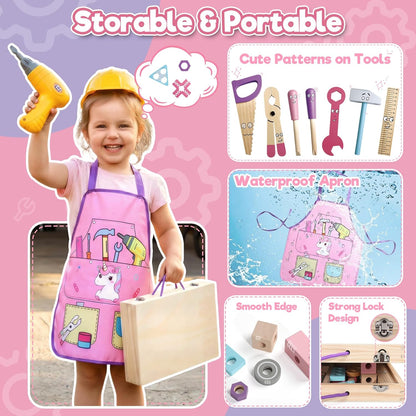 TONZE Wooden Kids Tool Set with Drill 44Pcs Montessori Toys for 3 Year Old Girl, Educational STEM Toys Toddler Tool Set with Apron & Box Birthday Gifts for 3 4 5 6 Year Old Girls（Pink ）