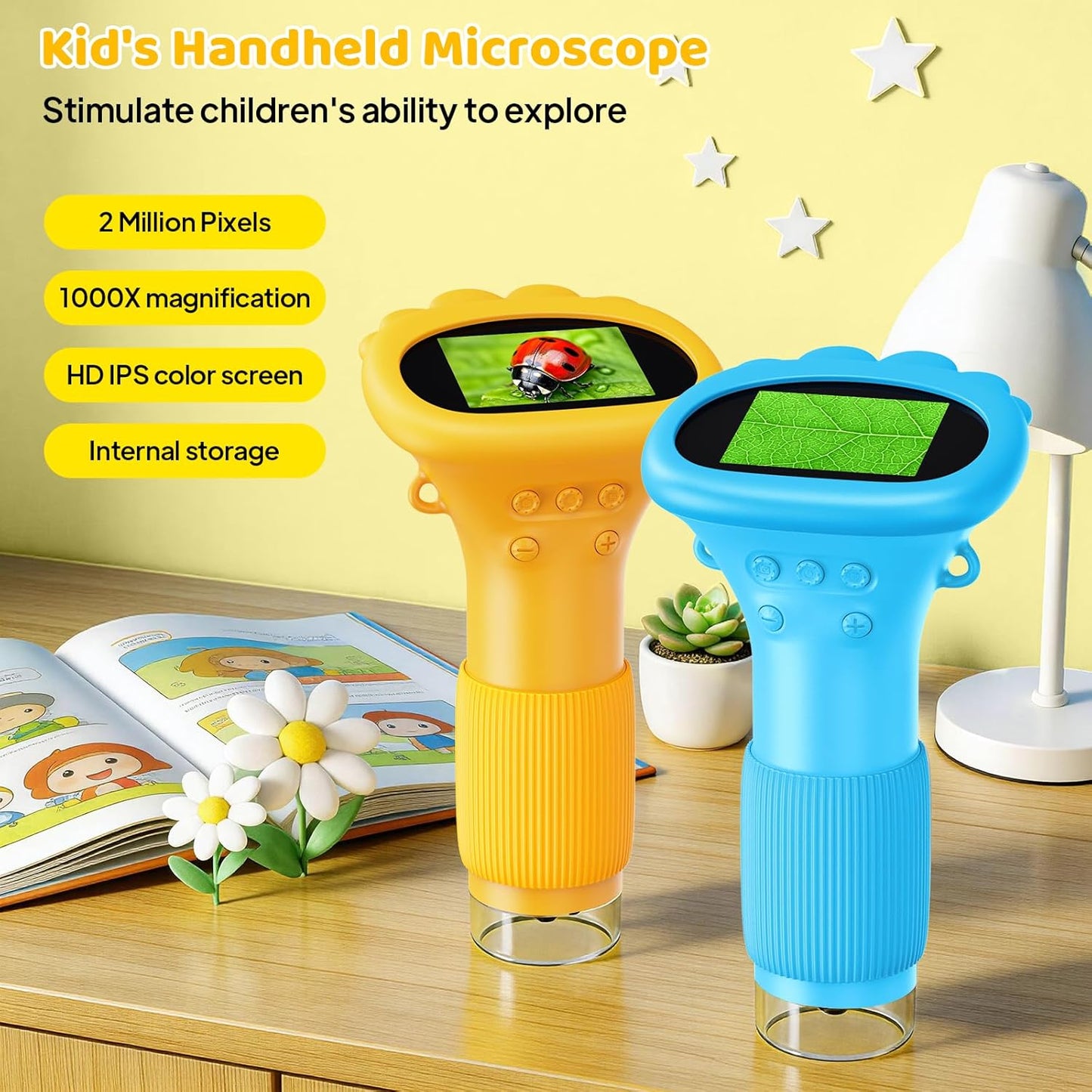Kids Magnifying Glass, 2.0 Inch Digital Screen Mini Pocket Microscope for Bug - 200x Zoom Handheld Microscope with Adjustable Lights, Edu Birthday Gifts for Age 3-12 Girls