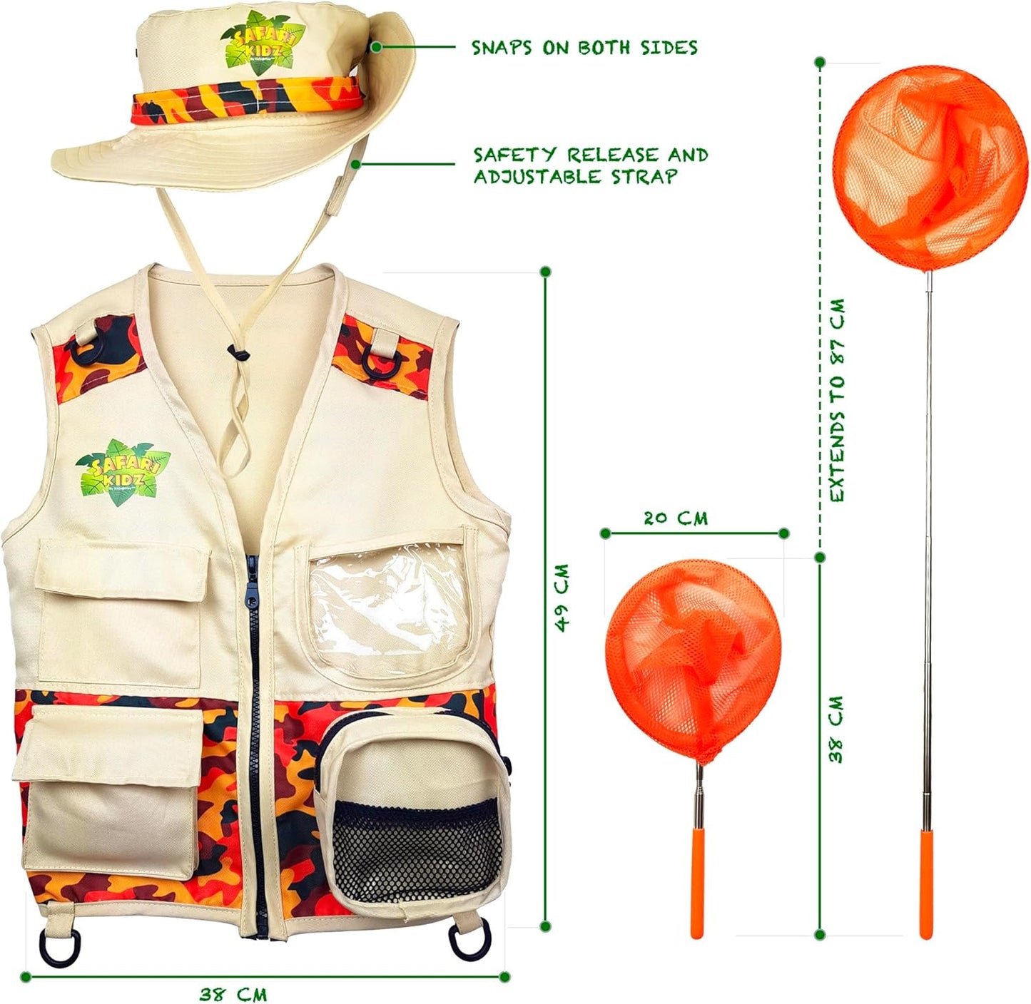 Kidz@Play Bug Hunting Kit, Vest, Hat, Binoculars, Lg. Net, Bug Container, Whistle, Flashlight, Magnifier, Thermostat, Compass, Tweezers