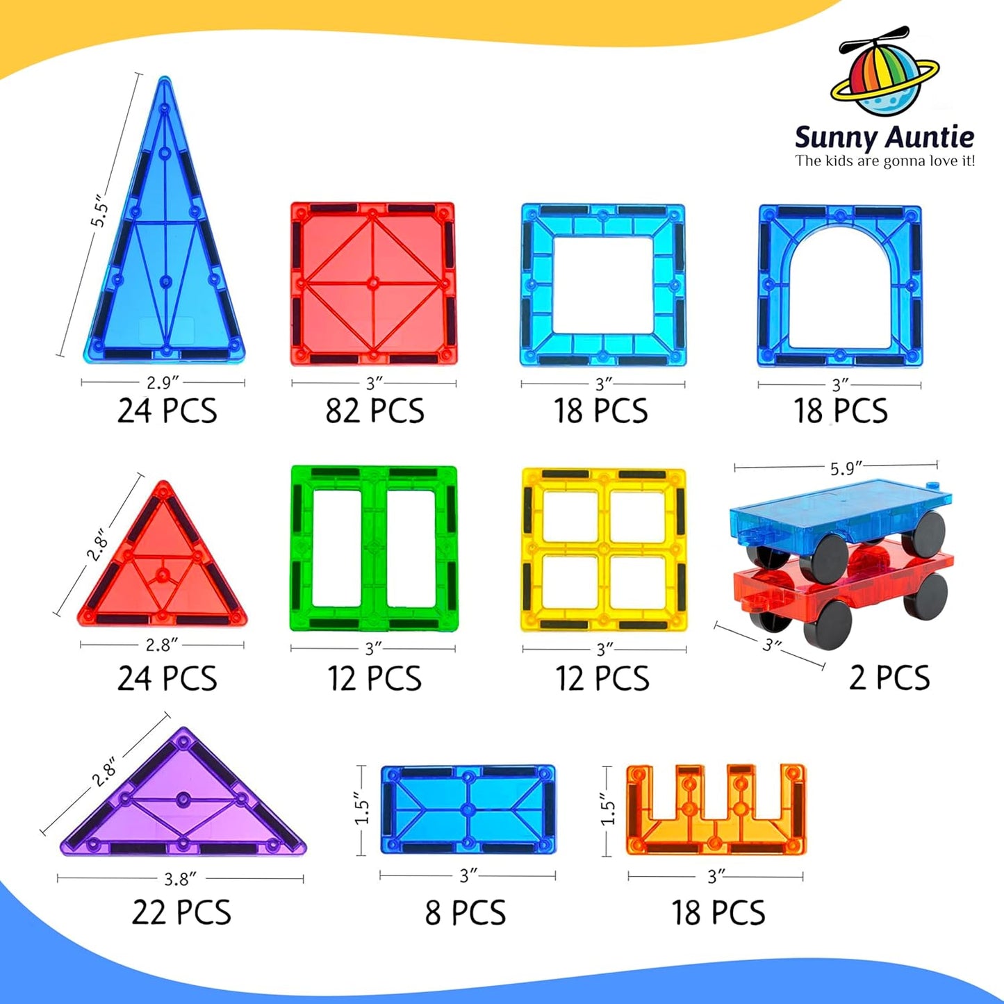 SUNNY AUNTIE Magnetic Tiles 125 PCS XL Set with Storage Bag – Magnetic Building Tiles for Kids Ages 3-8, STEM Magnet Construction Toy for Boys & Girls
