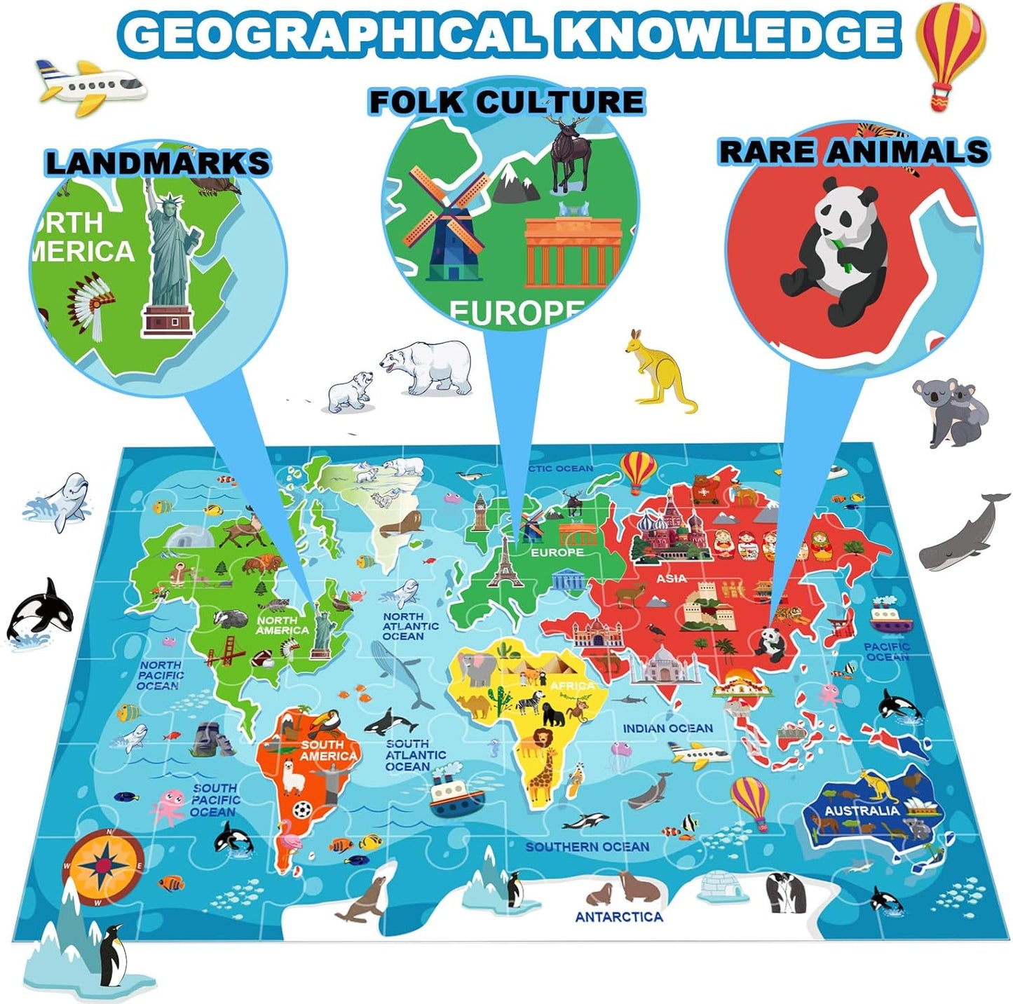 World Map Puzzle for Kids, Floor Puzzles for Kids Ages 4-8, 48 Pcs World Puzzle, Geography Preschool Learning Toys Gifts for Boys and Girls