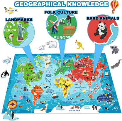 World Map Puzzle for Kids, Floor Puzzles for Kids Ages 4-8, 48 Pcs World Puzzle, Geography Preschool Learning Toys Gifts for Boys and Girls