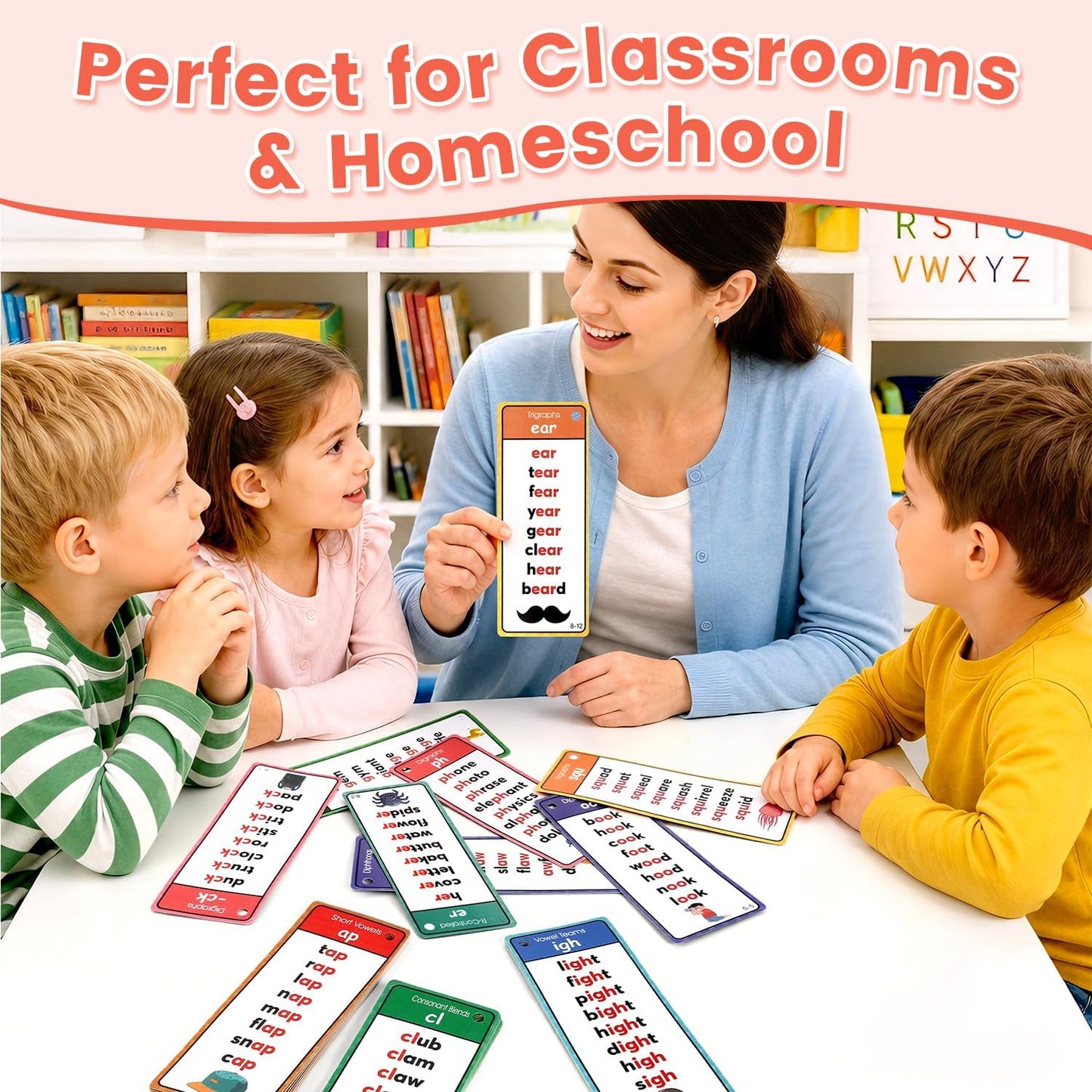 Phonics Flashcards for Kids Ages 4-8, 60 Pcs Words Phonics Word Lists Cards, 117 Phonics Groups with 900+ Rhyming Words, Early Educational Learning Games for Preschool, Kindergarten