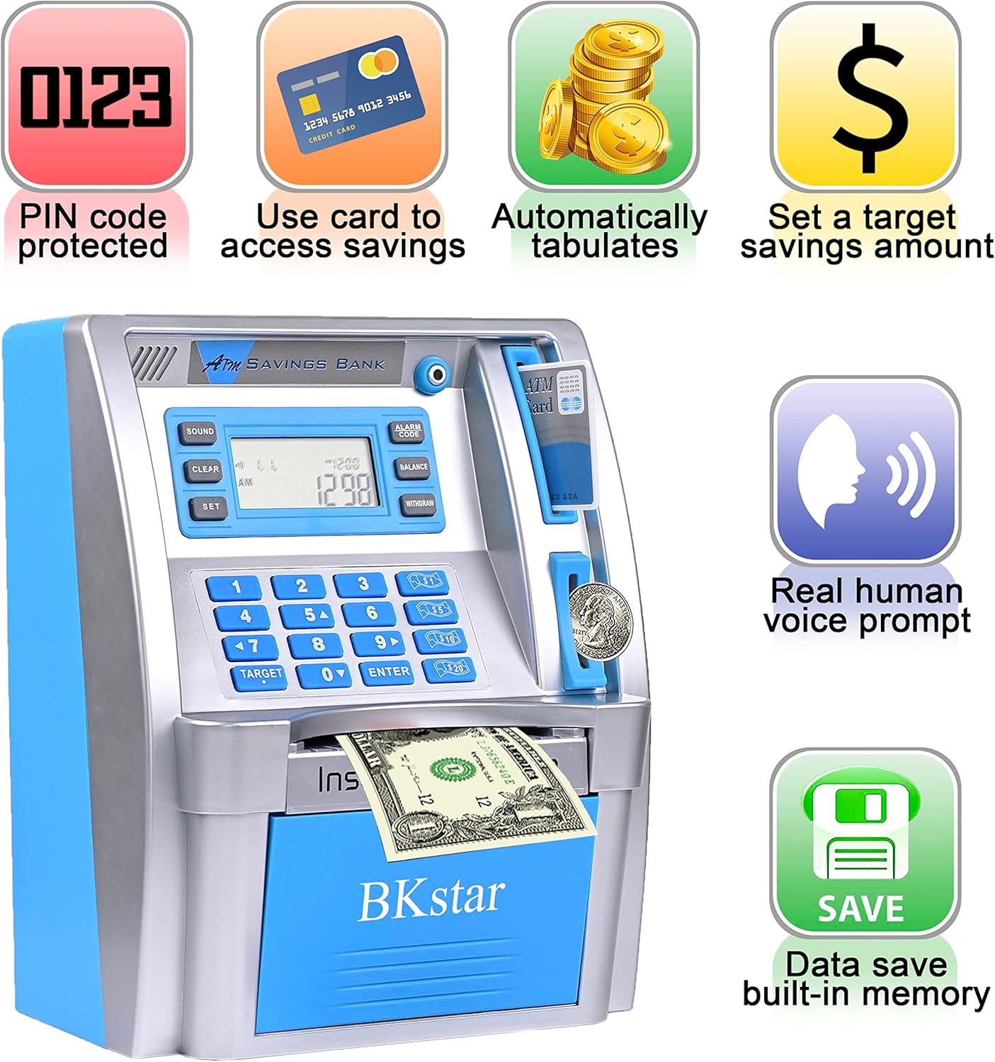 BKstar ATM Piggy Bank for Kids - Talking Electronic Money Bank with Debit Cards & Digital Coin Counter for Real Money, Boys Girls