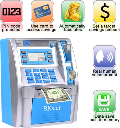 BKstar ATM Piggy Bank for Kids - Talking Electronic Money Bank with Debit Cards & Digital Coin Counter for Real Money, Boys Girls