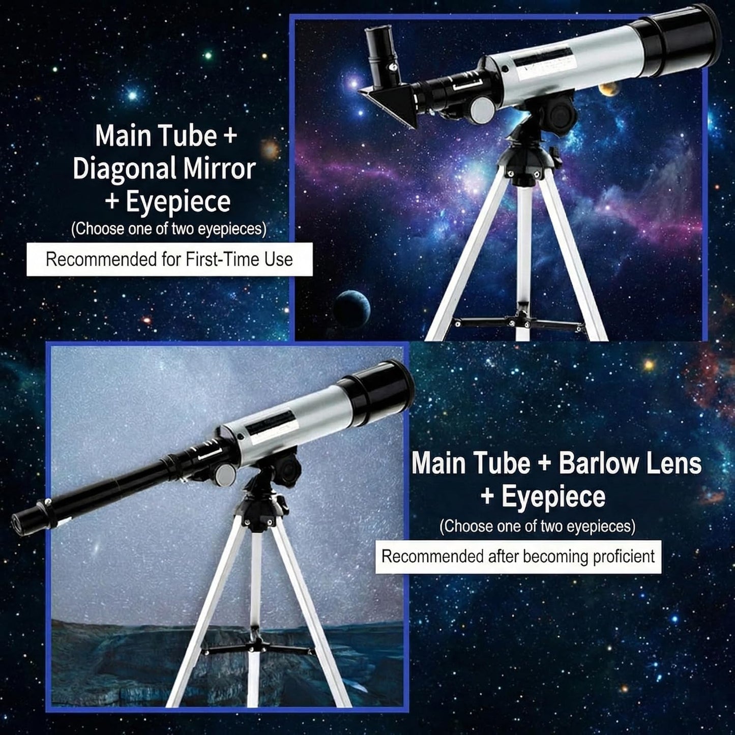 Telescope for Beginners, 90X Portable Astronomical Refractor with 15" Tabletop Tripod, 2 Eyepieces & 1.5X Barlow Lens, 50mm Aperture, Ideal STEM Science Gift for Kids to Explore Moon Space
