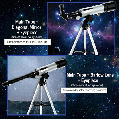 Telescope for Beginners, 90X Portable Astronomical Refractor with 15" Tabletop Tripod, 2 Eyepieces & 1.5X Barlow Lens, 50mm Aperture, Ideal STEM Science Gift for Kids to Explore Moon Space