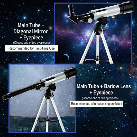 Telescope for Beginners, 90X Portable Astronomical Refractor with 15" Tabletop Tripod, 2 Eyepieces & 1.5X Barlow Lens, 50mm Aperture, Ideal STEM Science Gift for Kids to Explore Moon Space