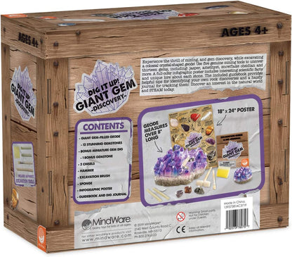 MindWare Dig It Up Giant Gem Discovery Kit - Gemstone Dig Kit Offers Geology for Kids with 12 Real Polished Hidden Gemstones - Includes 1 Giant Gem, Chiseling Tools, Gemstone Poster - Ages 4+