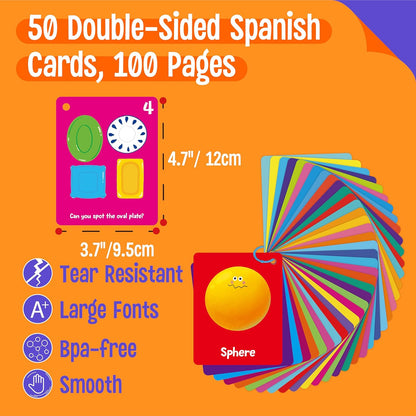 50 PCS Kid First Cognitive Flashcards,Double Sided Printed 7 in 1 Colorful Cards Alphabet,Numbers, Foods,Animals,Shapes,Colors with 3 Reclosable Rings,Learning Tool for Pre-K Kindergarten Toddlers