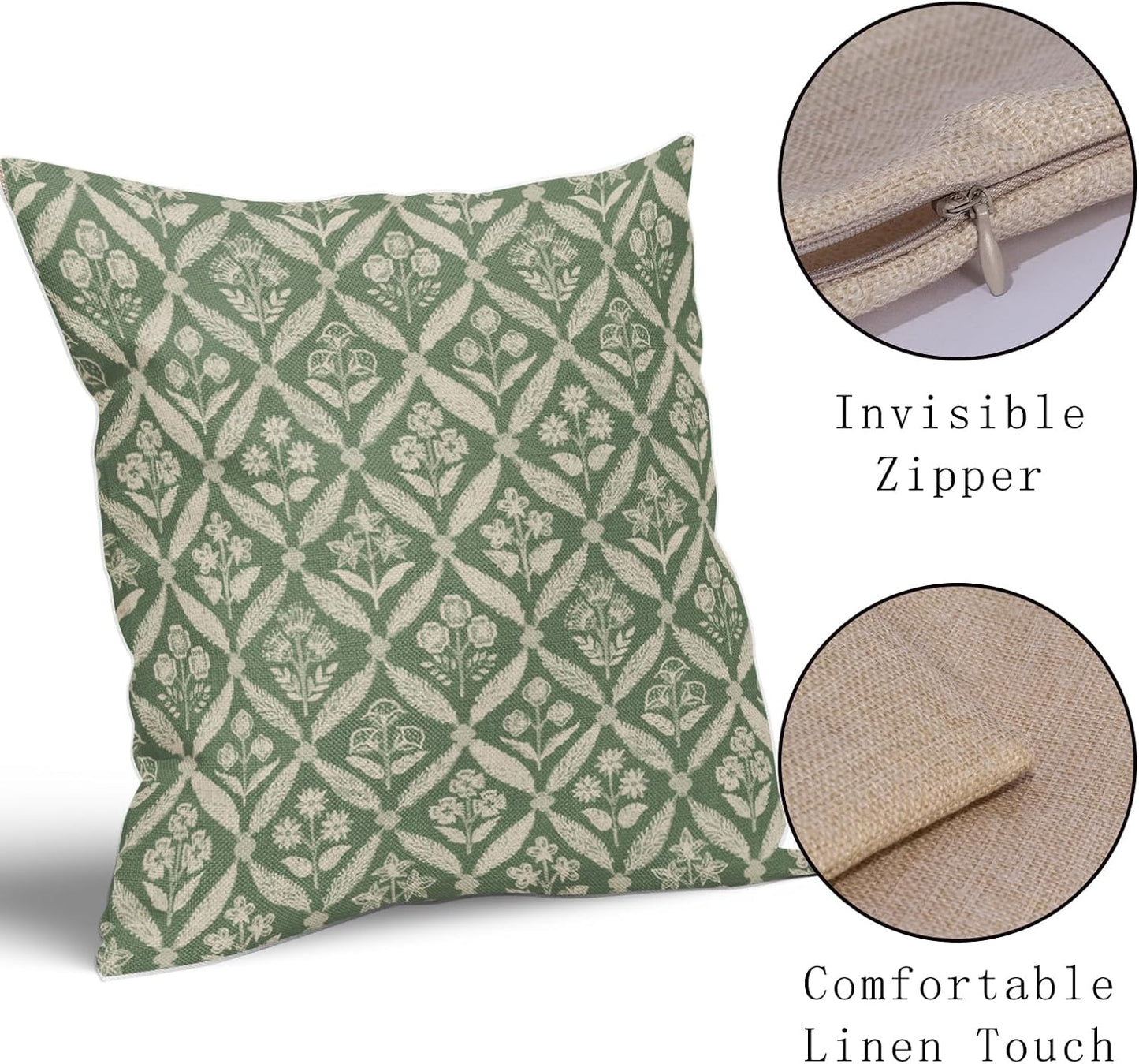Blue Green Floral Block Print Pillow Covers 12X20 Set of 2, Flower Pattern Spring Summer Print Decorative Throw Pillow Covers Outdoor Farmhouse Seasonal Cushion Case Couch Sofa Bed Decor