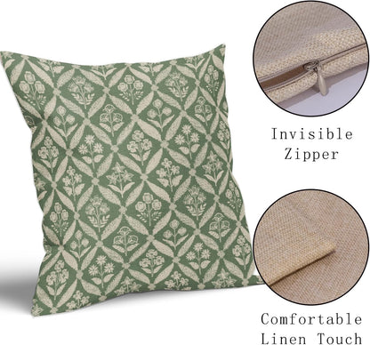 Blue Green Floral Block Print Pillow Covers 12X20 Set of 2, Flower Pattern Spring Summer Print Decorative Throw Pillow Covers Outdoor Farmhouse Seasonal Cushion Case Couch Sofa Bed Decor