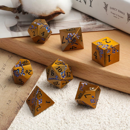 DnDnD Heavy Polyhedral Metal Dice Set with Metal Box, 7-die Shiny Blue Surface with Golden Number for RPG,Dungeons and Dragons,Pathfinder,Shadowrun,D&D,Role Palying Game and Math Teaching - Colors B
