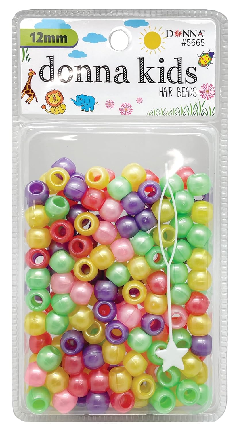 DONNA Kids Hair Beads 12 mm (170 pcs) – Clear Pearl Pony Beads with Threading Tool – Fun Braiding & Craft Accessories for Girls