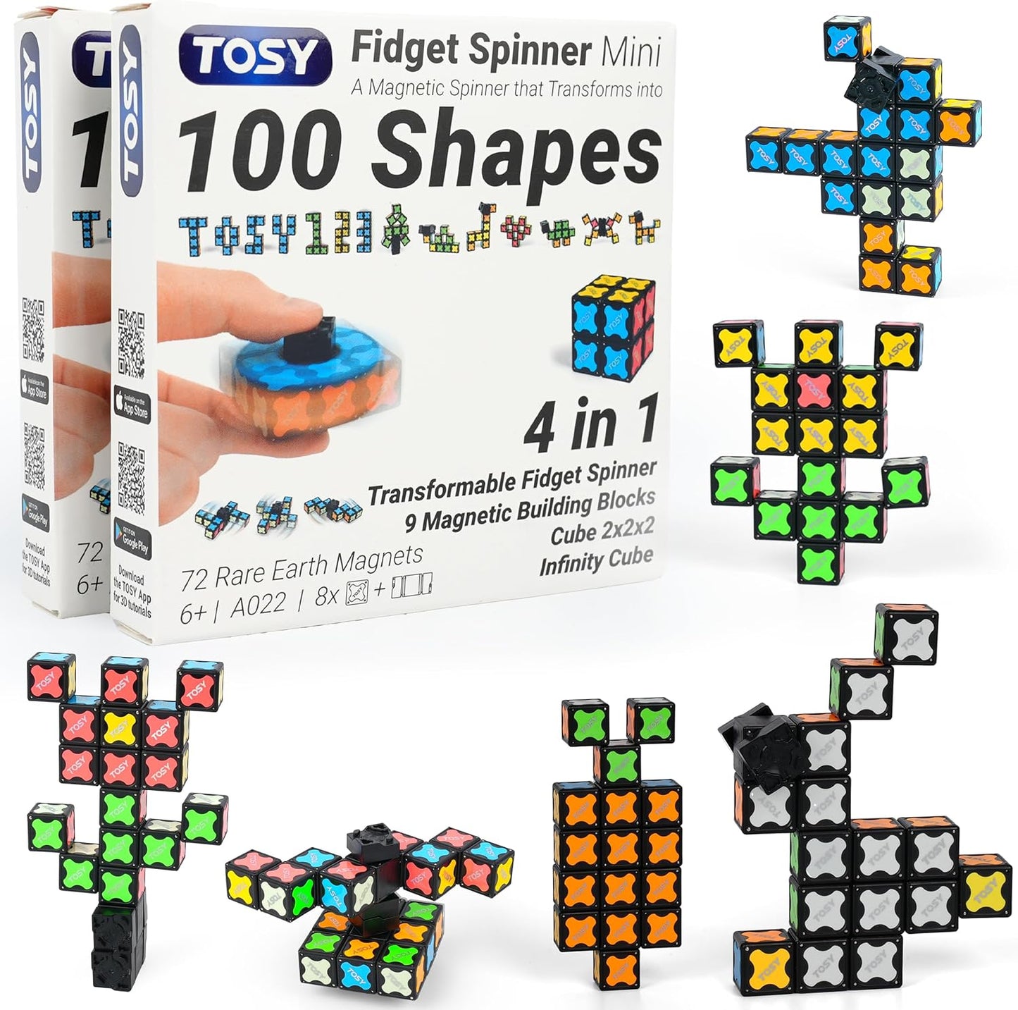 TOSY Magnet Fidget Spinner Mini - 8 Blocks, 3 in 1 Toy: Transformable Fidget Spinner, Infinity Cube, 2x2 Puzzle Cube, Easter Basket Stuffers for Kids/Adults, STEM Sensory Stress Relief Toy