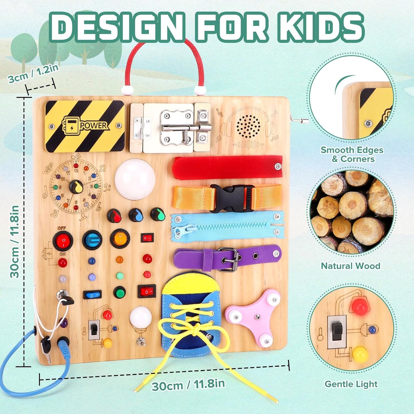 Hoarosall Montessori Wooden Busy Board with 8 LED Light switches, Sensory Toys Light Switch Travel Toys for 1+ Year Old Baby and Toddler