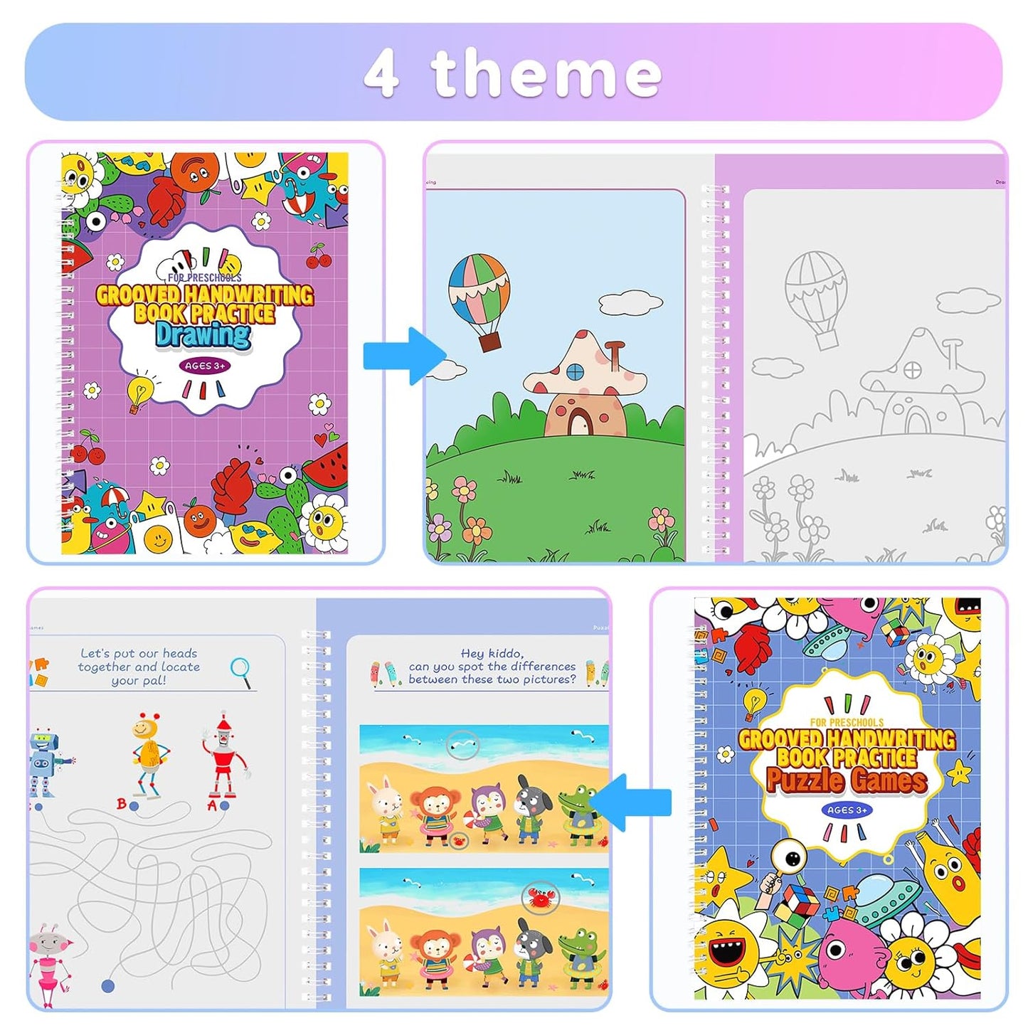 Magic Practice Copybook, Reusable Writing Practice Book, for Preschool Kids Age 3-8 Calligraphy (4 Books with Pens)