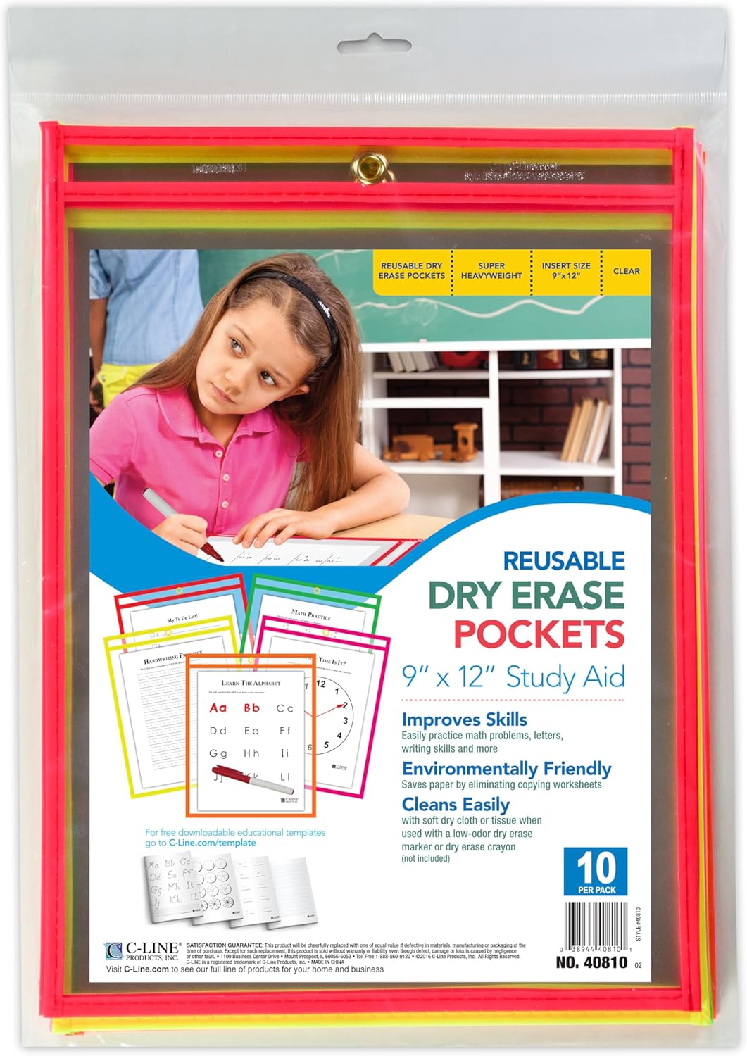 C-Line Reusable Dry Erase Pockets, 9 x 12 Inches, Assorted Neon Colors, 25 Pockets per Pack (40820)