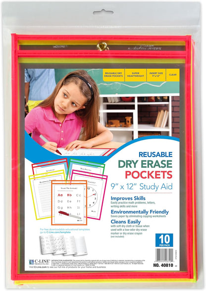 C-Line Reusable Dry Erase Pockets, 9 x 12 Inches, Assorted Neon Colors, 25 Pockets per Pack (40820)
