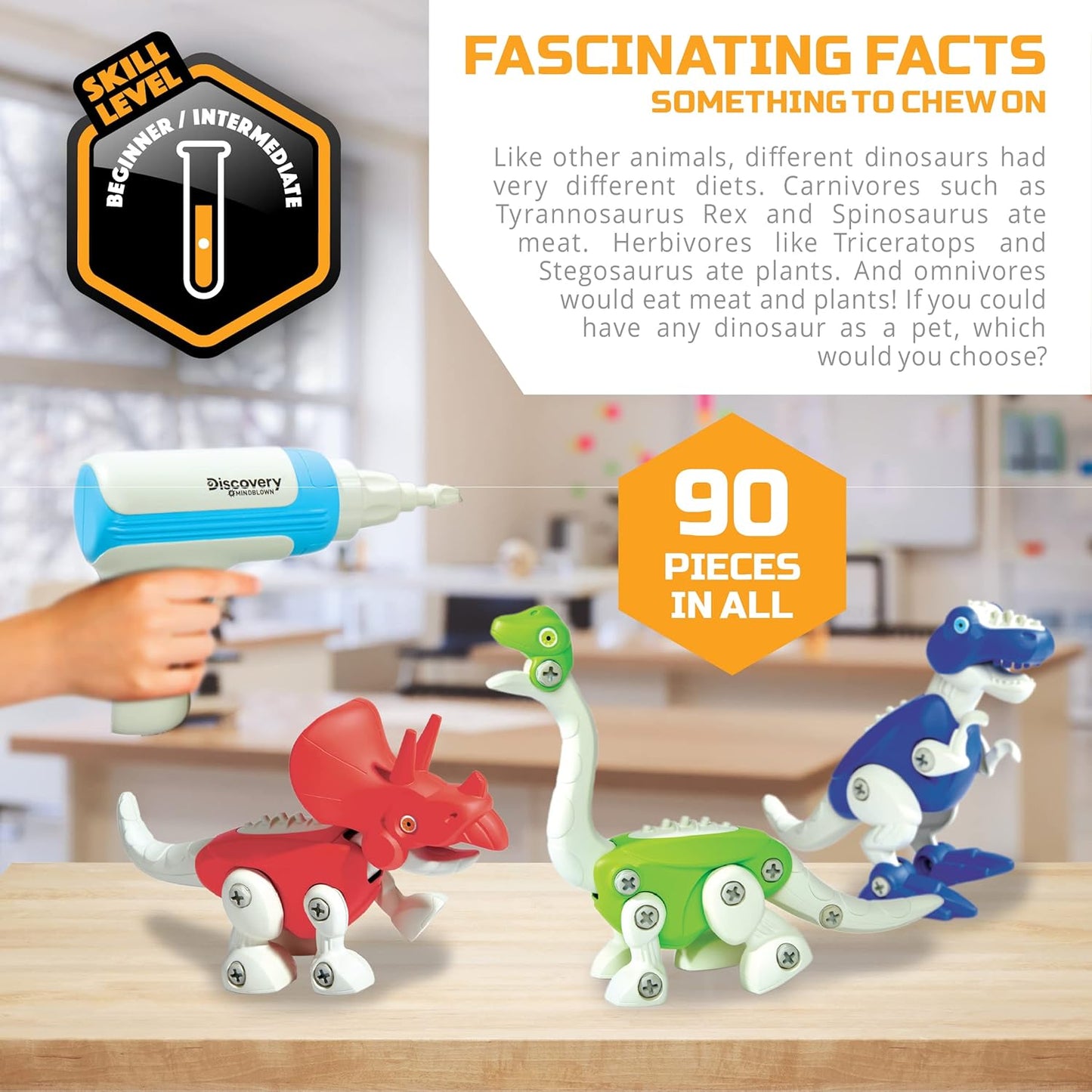 Discovery™ Dinosaur Construction Set, 90-Piece Action Model Build Kit, Kid-Safe Electronic Tools & Screws, Create T-Rex Triceratops, Prehistoric Monster Learning STEM Toy for Paleontologists