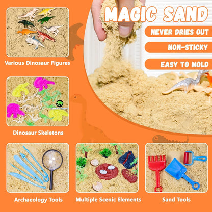 Vectronum Dinosaur Sensory Sand Kit for Boys, Sensory Bin with Lid, 2.64lbs Sand, Archaeology Tools, Dino Figures & Skeletons, Dinosaur Toys for Kids Toddlers 3-5 5-7+ Year Old Christmas Birthday Gift