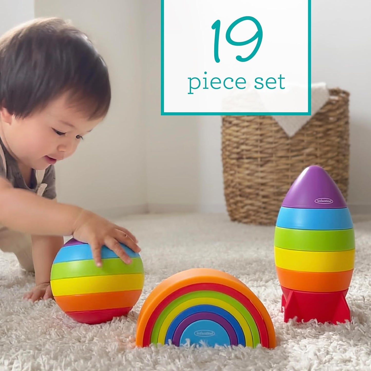 Infantino Imagination Stackers Playset, Rainbow Stacker, Rocket Stacker, Ball Stacker for Babies 12M+, 3-Style Set, 19 Pieces