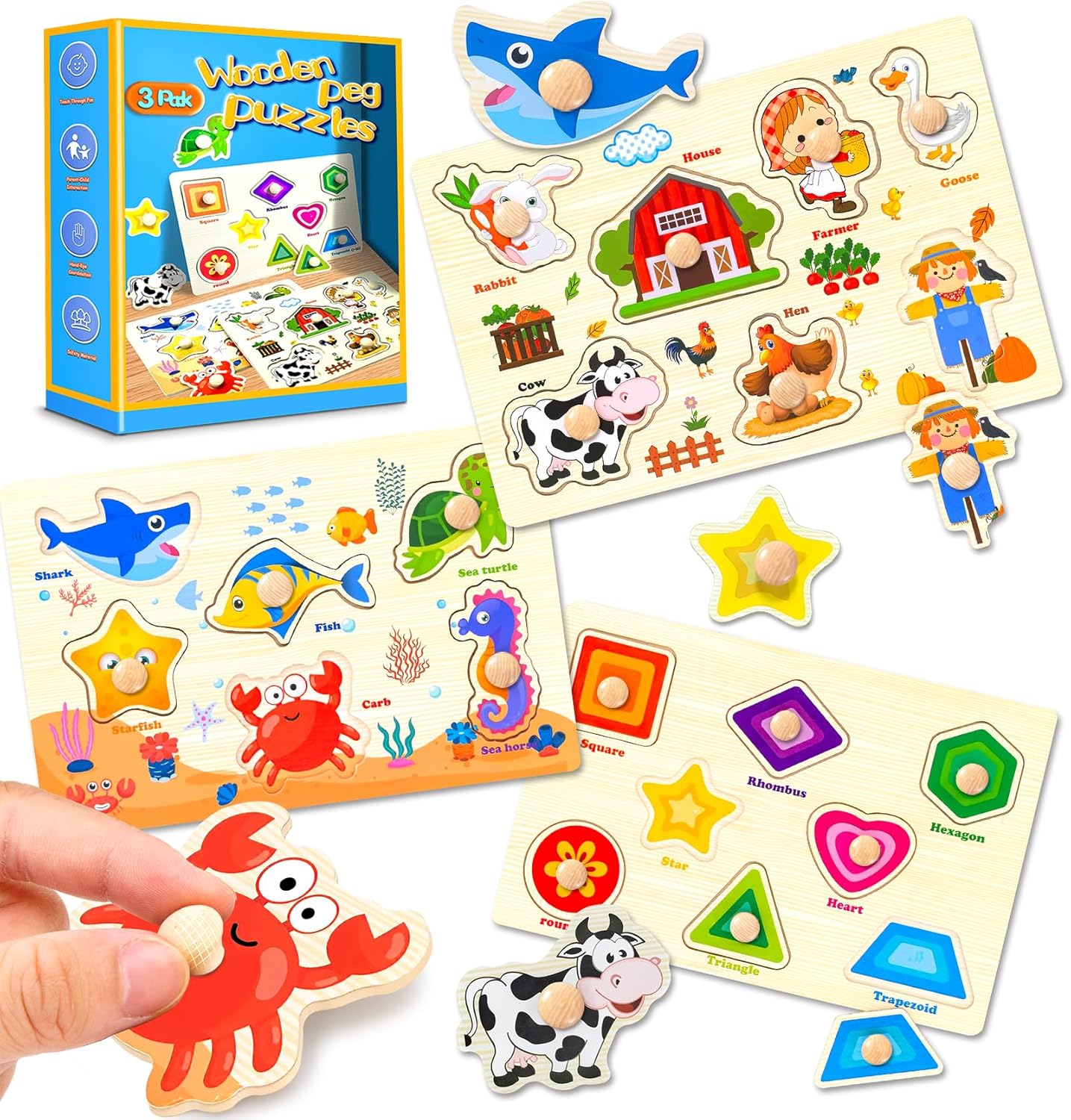Wooden Peg Puzzles for Toddlers,Montessori Toddler Jigsaw for Child,Fine Motor Skill Learning Puzzle Toys for Baby Boys Girls Gifts-6 Pcs Shape,Farm,Sea Animal,Dinosaurs,Fruits,Animal