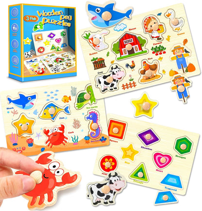 Wooden Peg Puzzles for Toddlers,Montessori Toddler Jigsaw for Child,Fine Motor Skill Learning Puzzle Toys for Baby Boys Girls Gifts-6 Pcs Shape,Farm,Sea Animal,Dinosaurs,Fruits,Animal