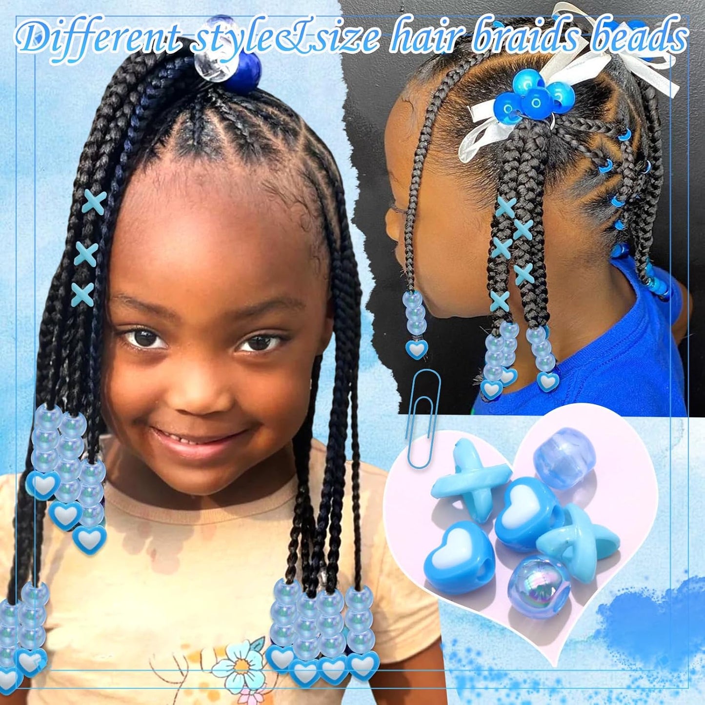 60PCS Pink White Hair Beads for Braids Three Styles Cute Loc Beads Heart Shape Bead for Kids Dreadlock AB Color Round Pony Bead Accessories