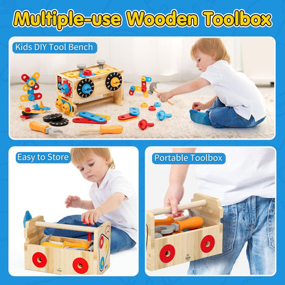 Lehoo Castle Kids Tool Set with Toolbox, Wooden Toys for 3 4 5 Years Old Boy Birthday Gift, Construction Play Tools, STEM Learning Toys for Preschooler, Pretend Play Gifts for Christmas