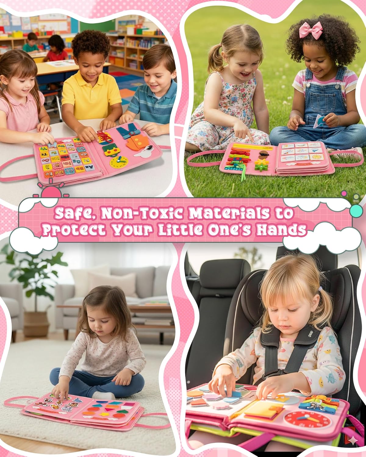Montessori Busy Book for Toddlers, 8-Page Sensory Activity Book for Fine Motor Skills & Basic Dress Learning, Portable Travel Toy for Preschool Kids, Birthday Gift for Boys and Girls (Blue)