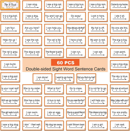 Junkin 60 Pcs Sight Word Sentence Cards Phonics Flash Cards for Kids Kindergarten Preschool, Education Sight Word Games Flashcards for Early Childhood Home School Daily Sentence Building Reading Toy