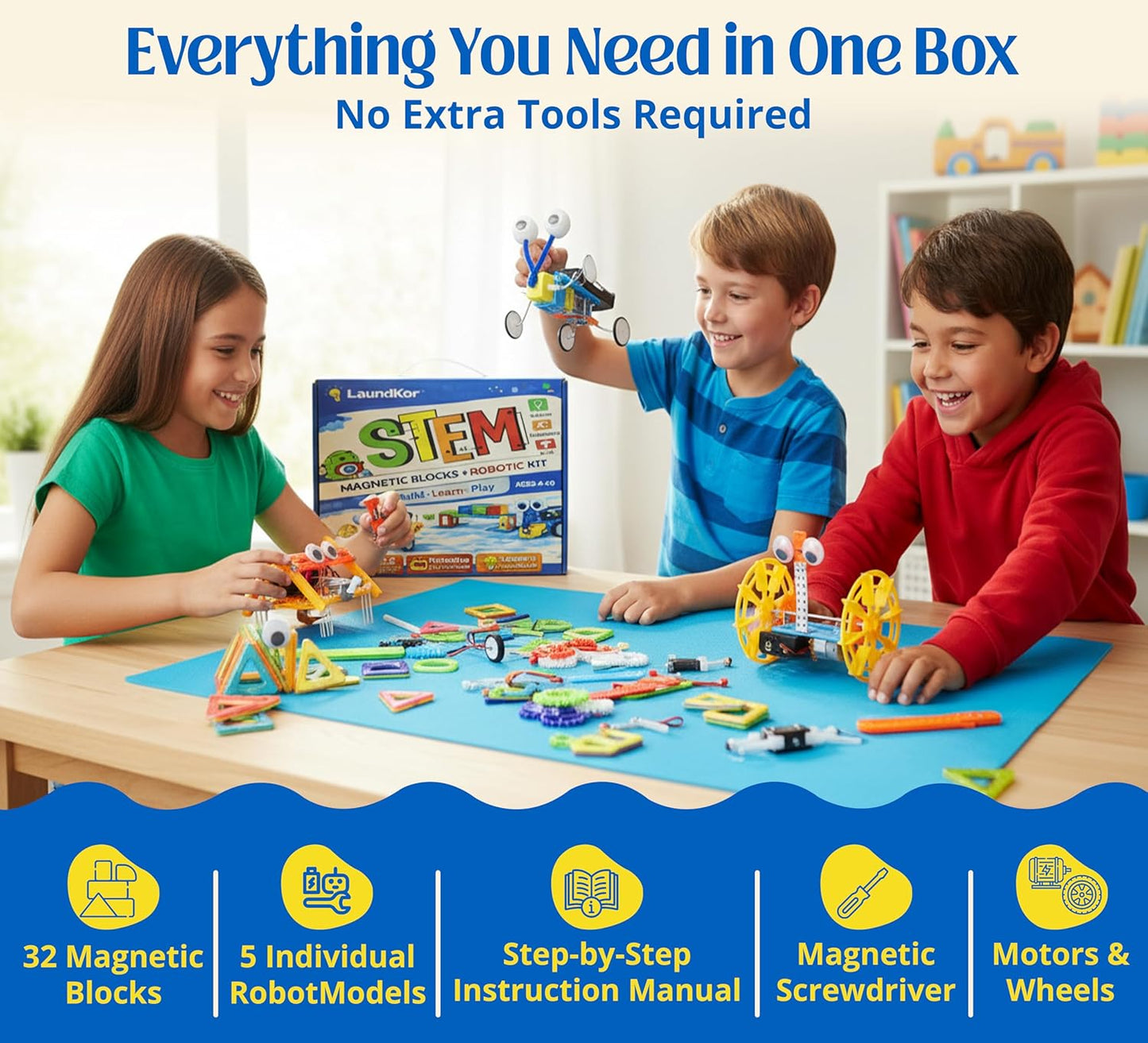 6-in-1 STEM Robotics Kit for Kids 6-12 – Build 5 Real Moving Robots + 32 Magnetic Blocks, Engineering Science Toy with Tools, Educational Gift Set for Boys & Girls